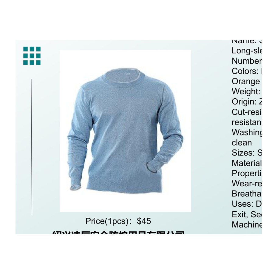 s: Dark Gray, Light Gray, Sky Blue, Orange Small Round-neck Cut-resistant Long-sleeve